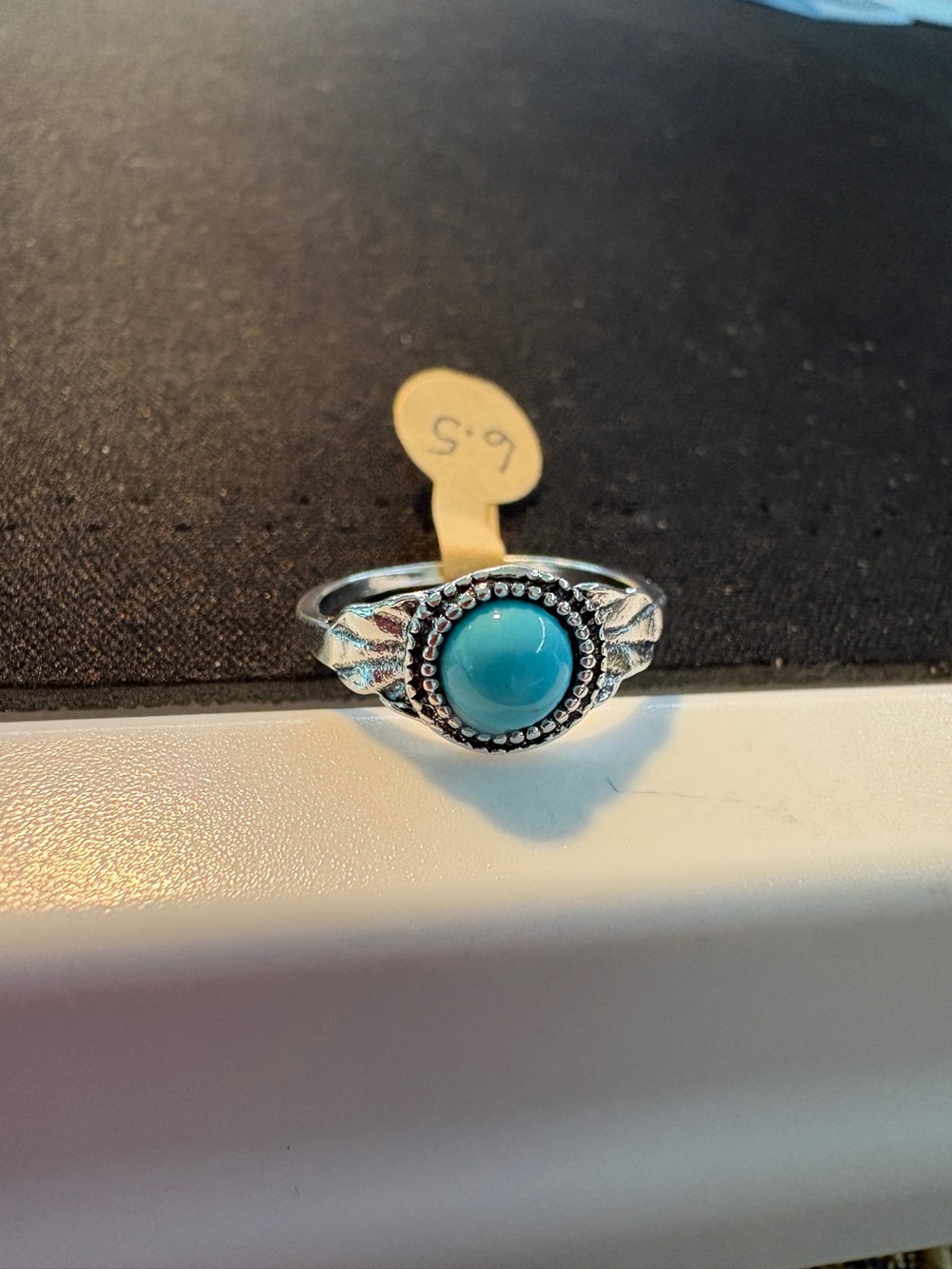 Silver Tone Turquoise Cabochon Ring - Size 6.5